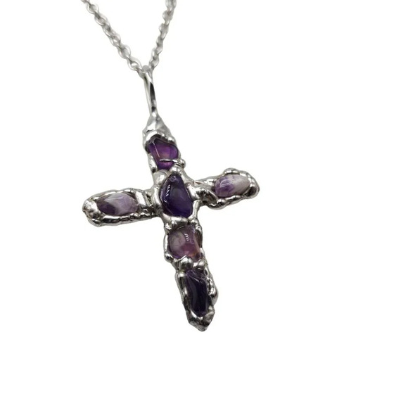 Amethyst Gemstone DENMARK Cross Large Pendant Chain Necklace Silver Tone Vintage - Picture 2 of 9